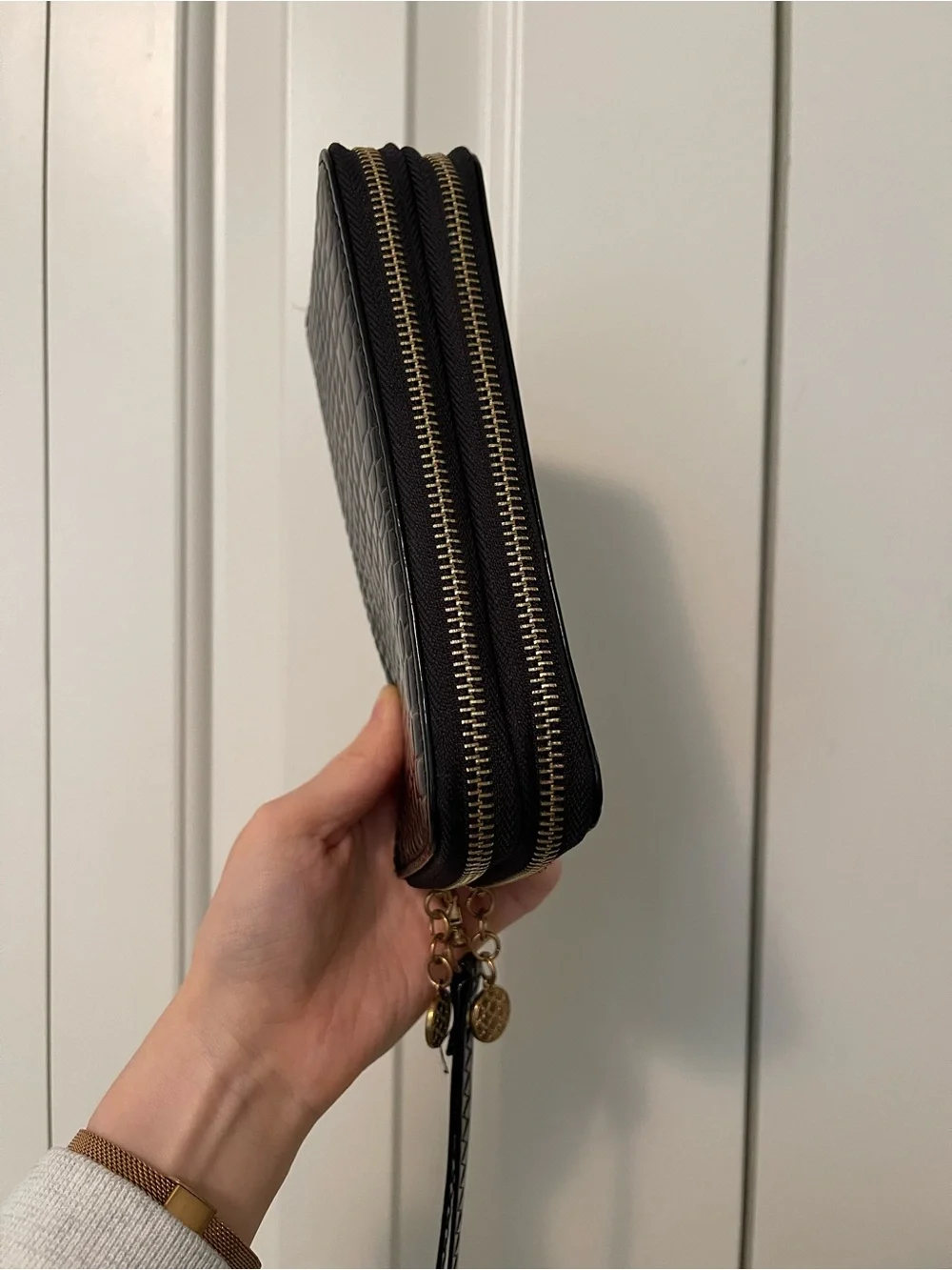 Croc-Embossed Black Zip-Around Wristlet Wallet with Charm